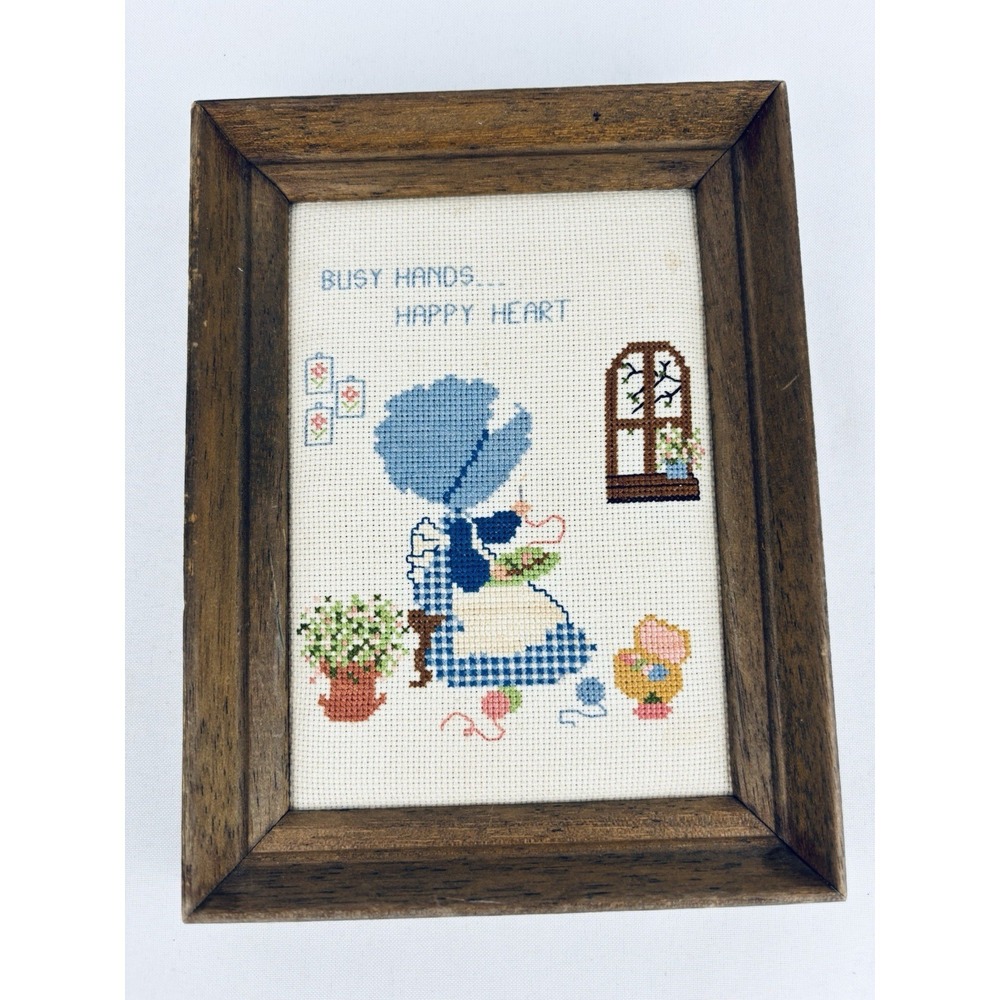 Vintage Picture Framed Cross Stitch Handmade Bonnet Girls Busy Hands Happy Heart